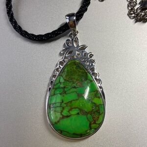 Paul Deasy Copper Infused Green Turquoise Sterling Silver Pendant on black cord